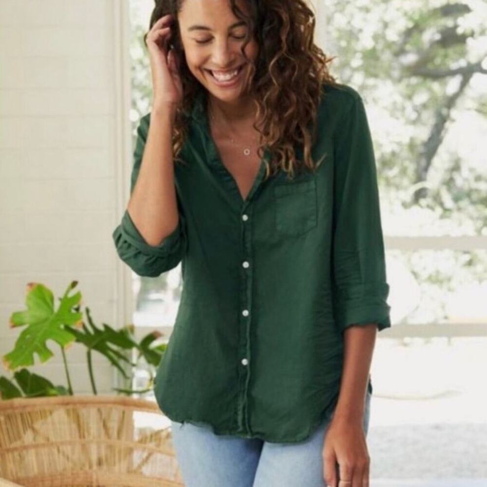 Frank & Eileen Barry Famous Denim Shirt Button Front Forest Green Cotton Size XS